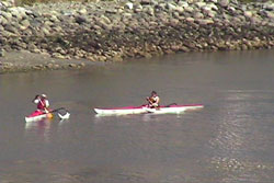 Kayakers play off the coast